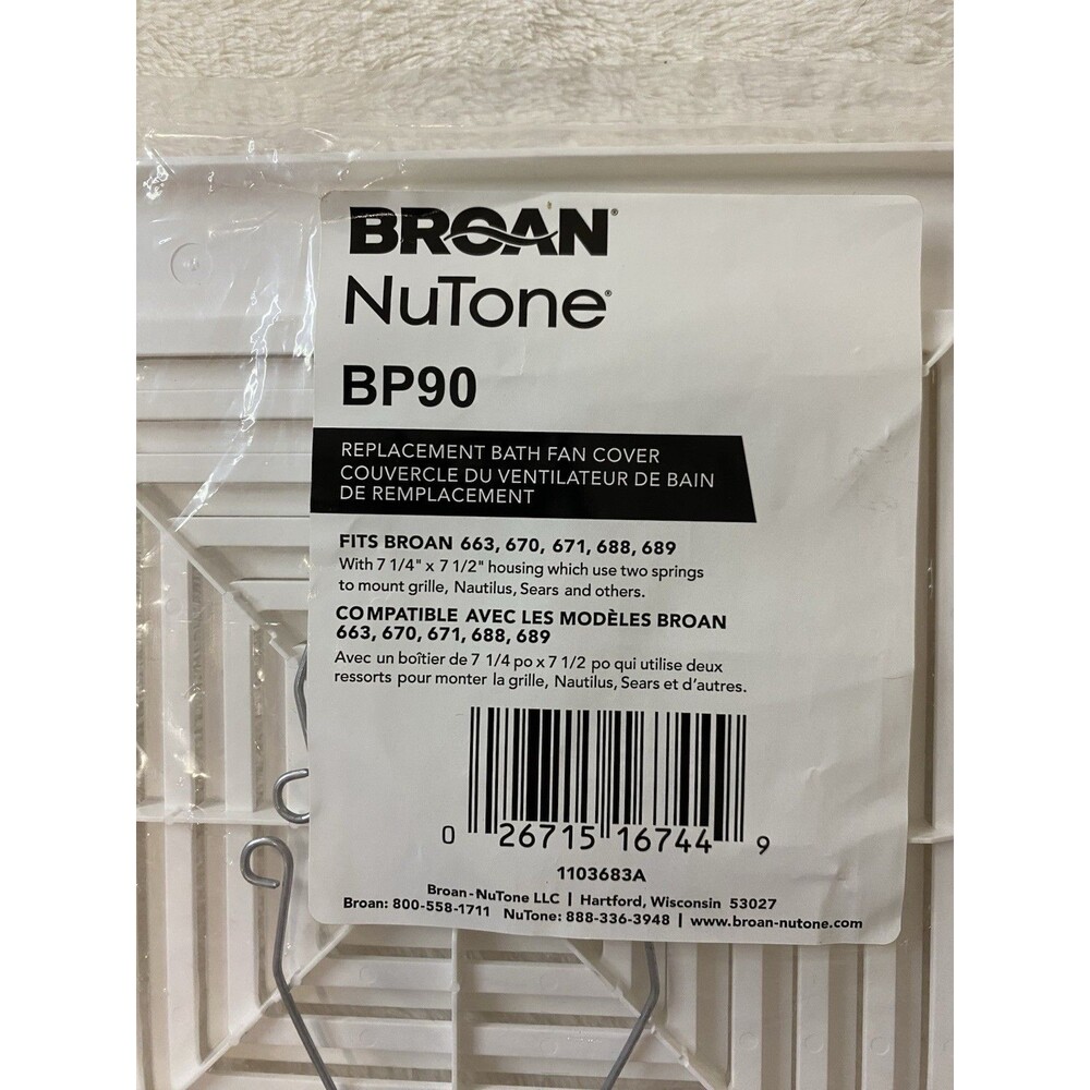Broan NuTone BP90 Replacement Bath Fan Cover White Fits 663 670 671 688 689